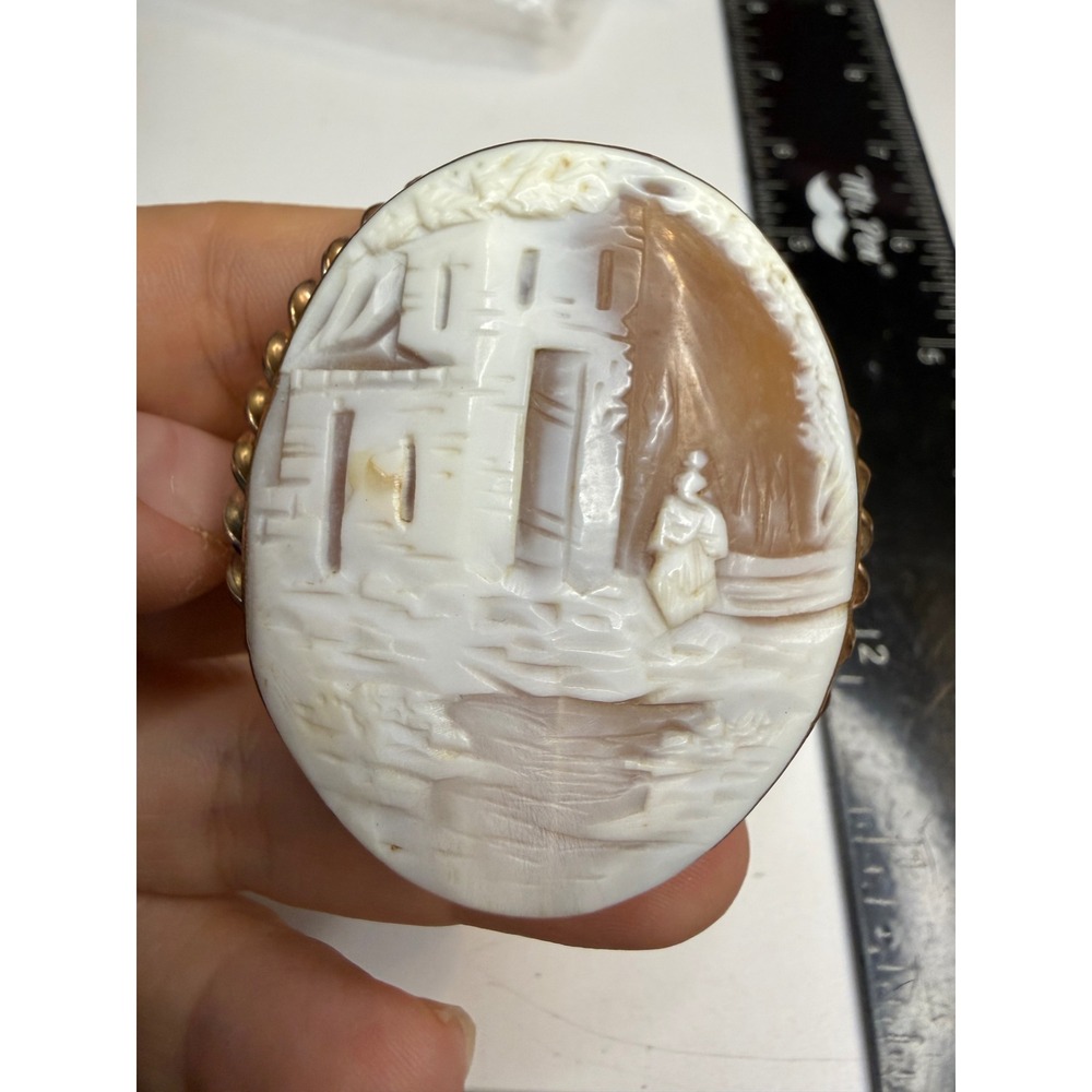 Antique Shell Cameo Brooch Hand Carved Village Landscape Gold Tone Frame